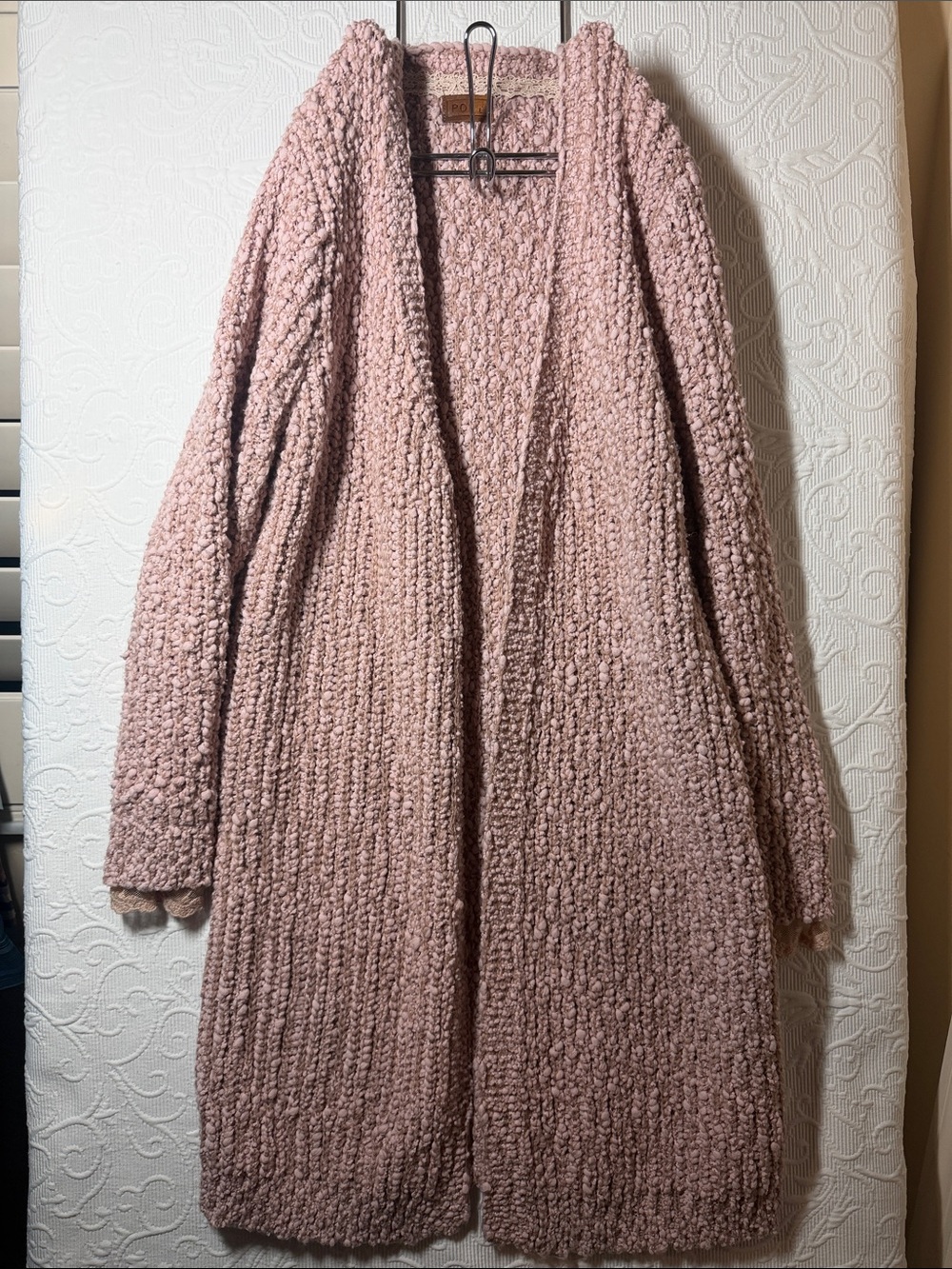 POL Open-Front Chunky Knit Cardigan - Dusty Pink Large Lace Detail